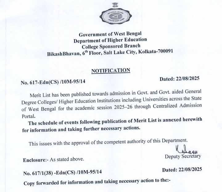 WBCAP West Bengal College Admission Merit Out 2025