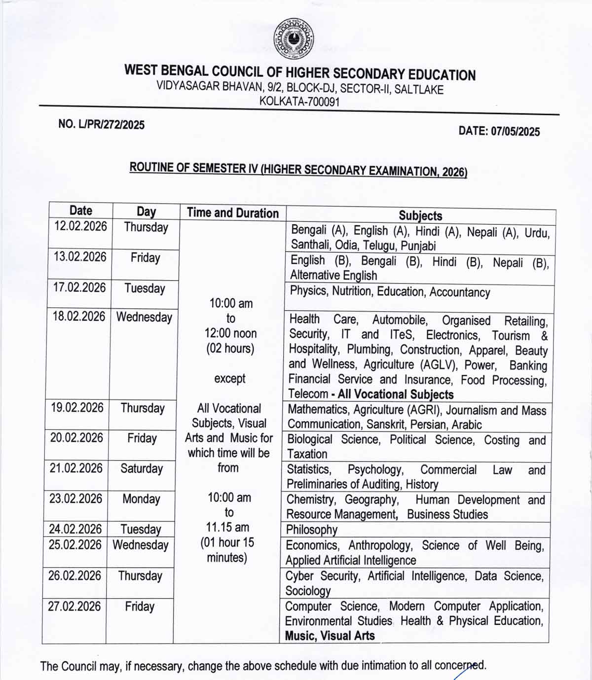 WBCHSE Semester 4 Exam Routine 2026 4th Sem Class 12