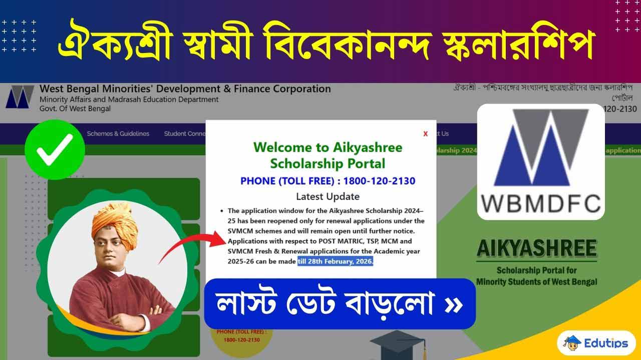 Swami Vivekananda Scholarship SVMCM 2025-26 Aikyashree Last Date Fresh Renewal