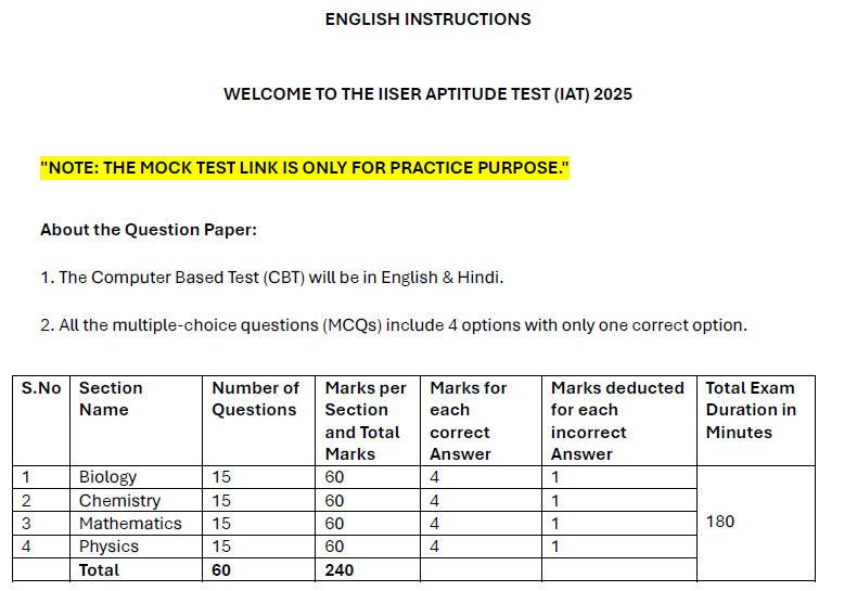 IISER IAT Official Mock Test Exam Pattern 2026