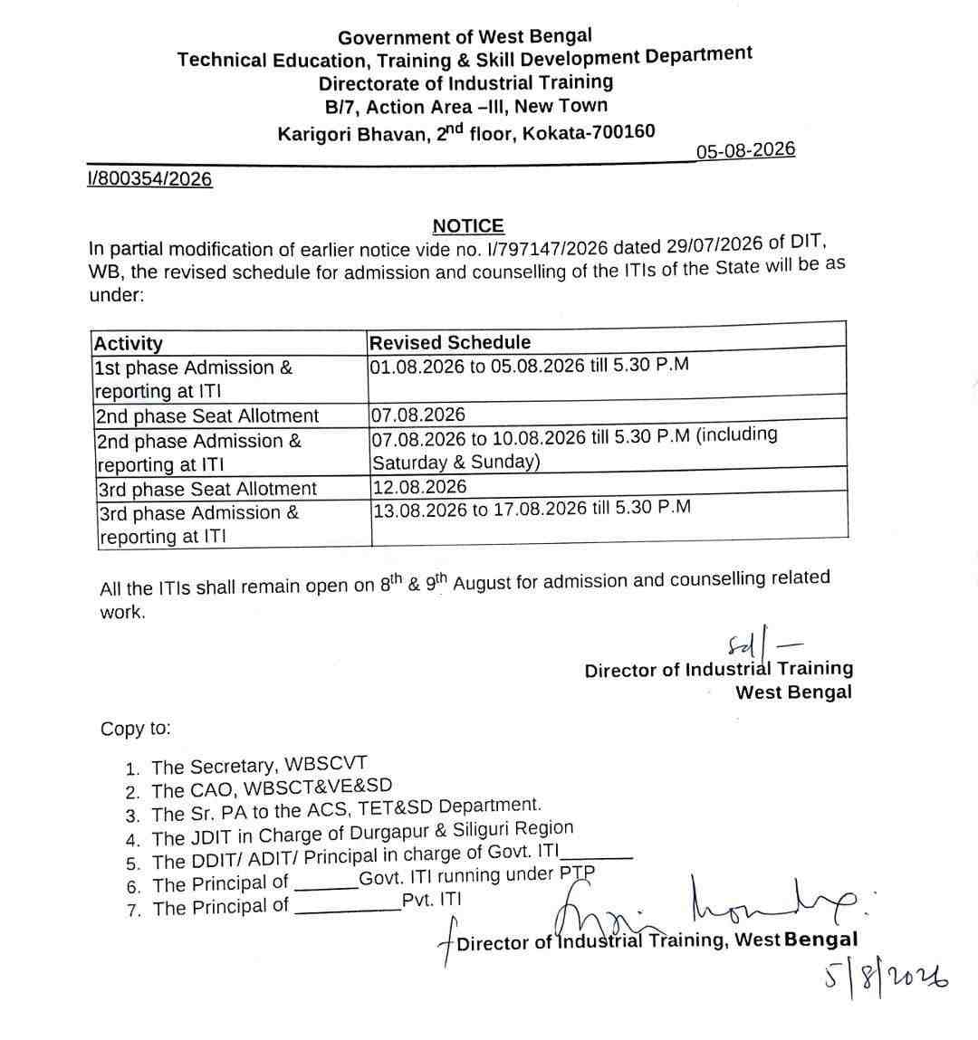 Revised dates of admission & counselling for ITI-2026